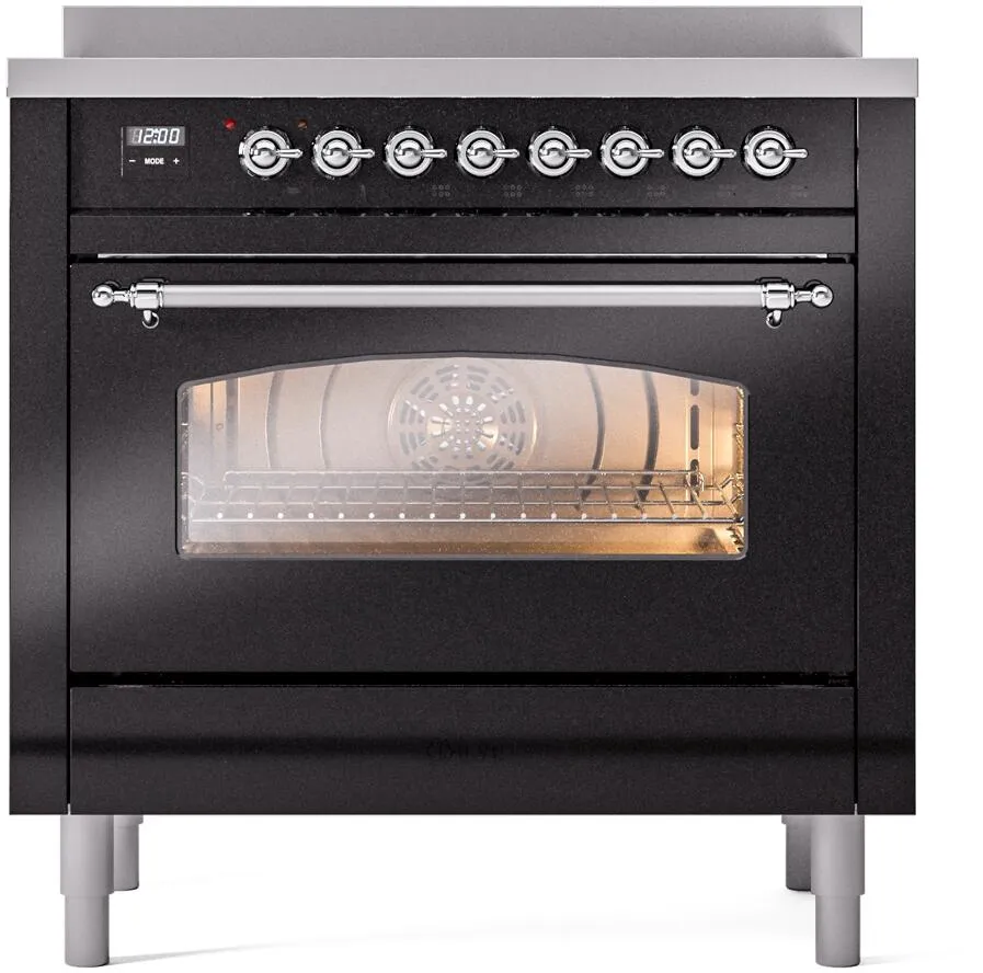 Ilve UPI366NMPBKC Nostalgie Ii 36 Inch Electric Freestanding Range In Glossy Black With Chrome Trim