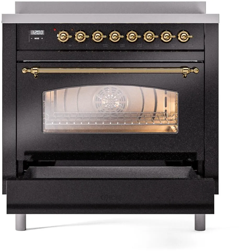 Ilve UPI366NMPBKG Nostalgie Ii 36 Inch Electric Freestanding Range In Glossy Black With Brass Trim