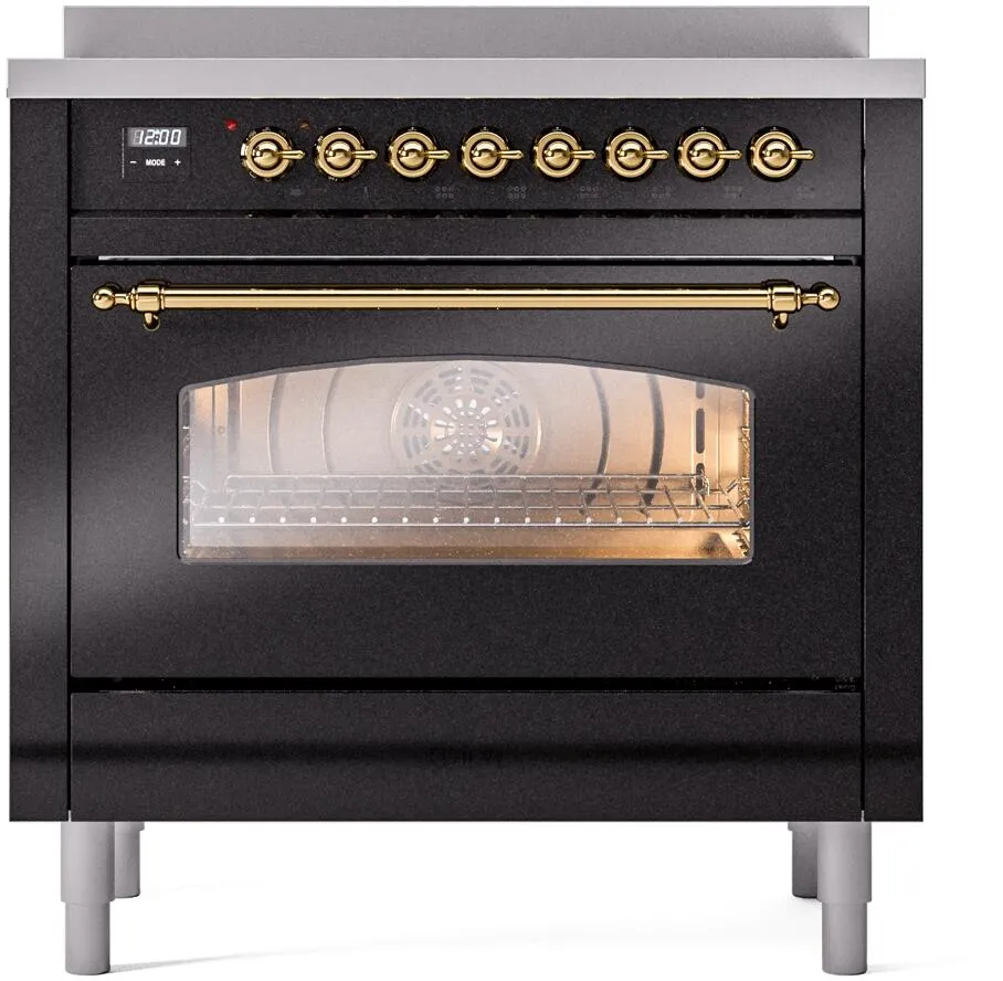 Ilve UPI366NMPBKG Nostalgie Ii 36 Inch Electric Freestanding Range In Glossy Black With Brass Trim