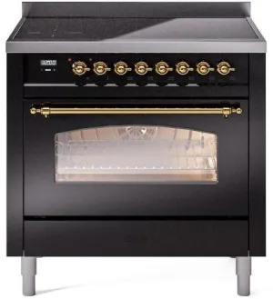 Ilve UPI366NMPBKG Nostalgie Ii 36 Inch Electric Freestanding Range In Glossy Black With Brass Trim
