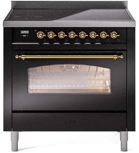 Ilve UPI366NMPBKG Nostalgie Ii 36 Inch Electric Freestanding Range In Glossy Black With Brass Trim