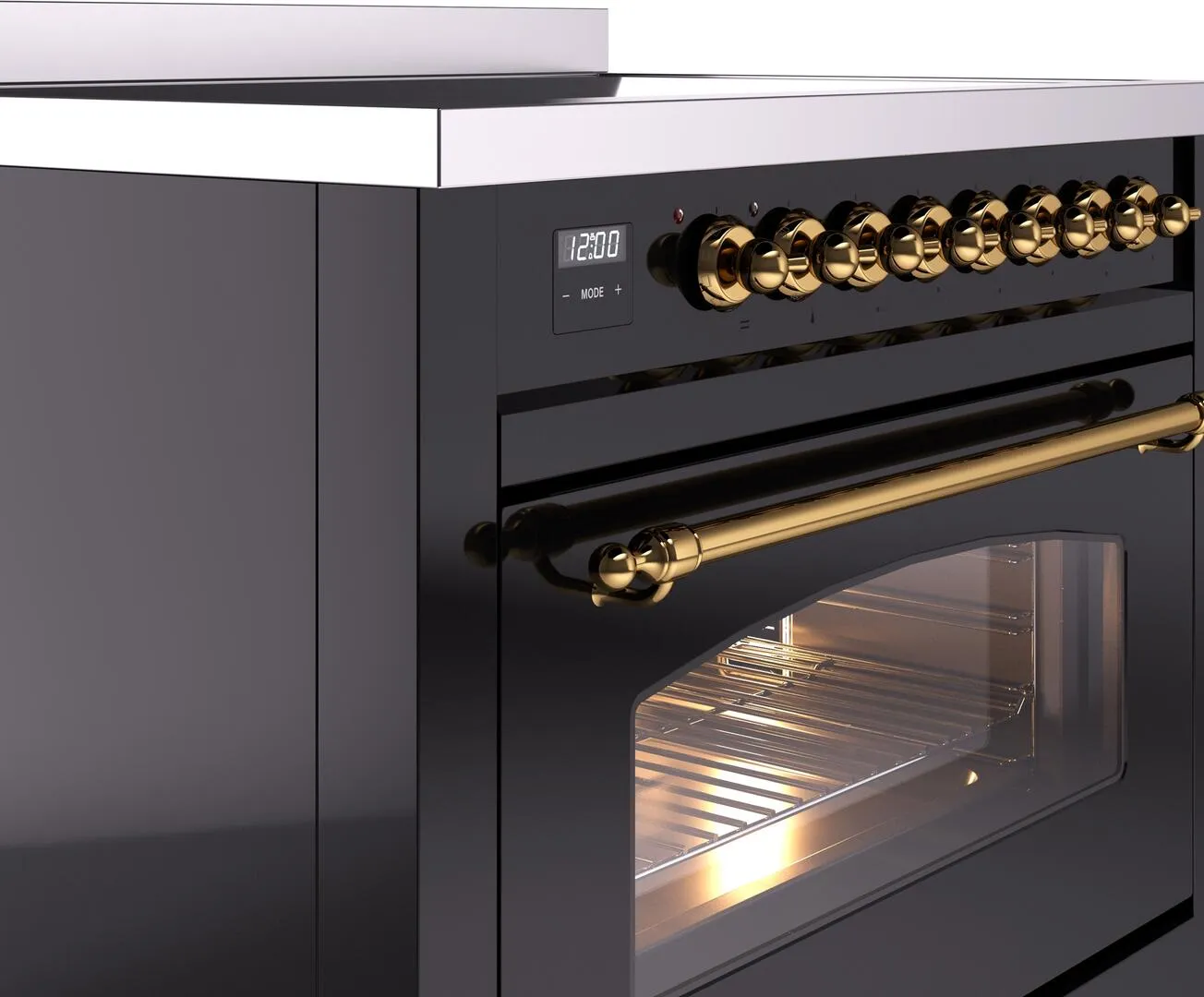 Ilve UPI366NMPBKG Nostalgie Ii 36 Inch Electric Freestanding Range In Glossy Black With Brass Trim