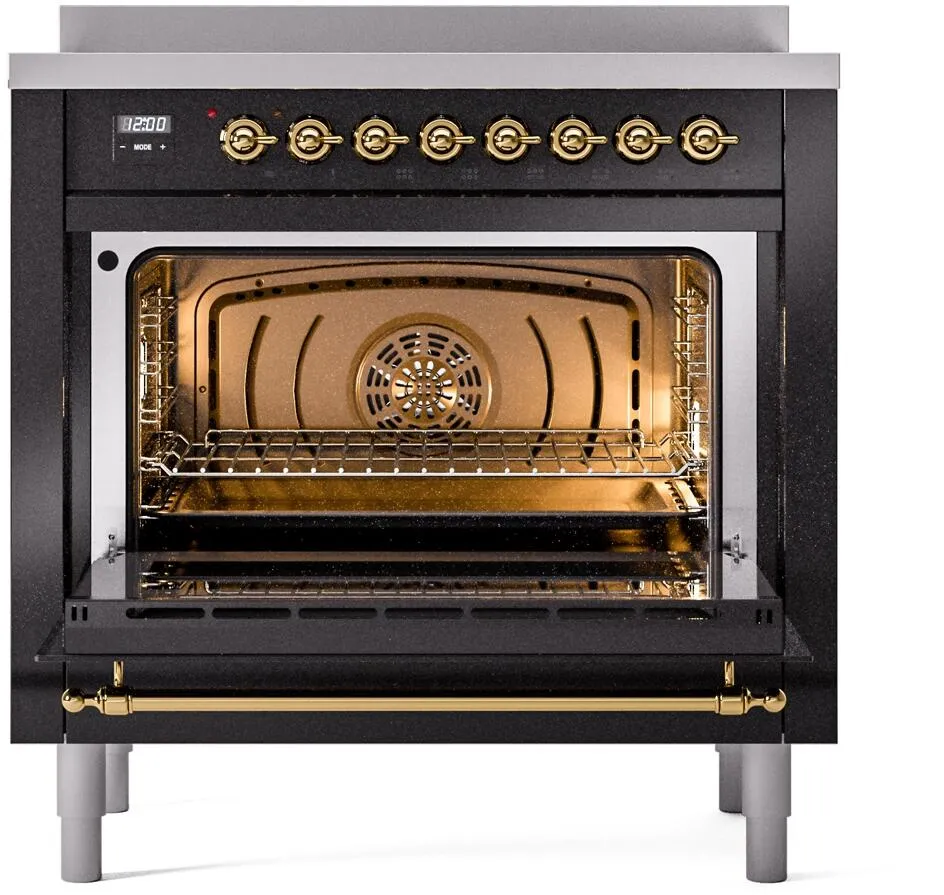 Ilve UPI366NMPBKG Nostalgie Ii 36 Inch Electric Freestanding Range In Glossy Black With Brass Trim