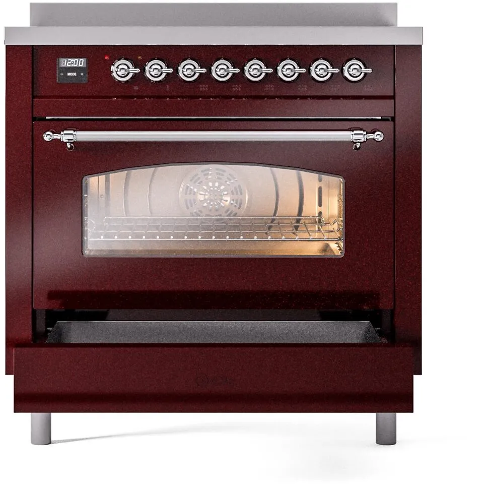 Ilve UPI366NMPBUC Nostalgie Ii 36 Inch Electric Freestanding Range In Burgundy With Chrome Trim