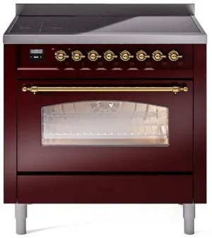 Ilve UPI366NMPBUG Nostalgie Ii 36 Inch Electric Freestanding Range In Burgundy With Brass Trim