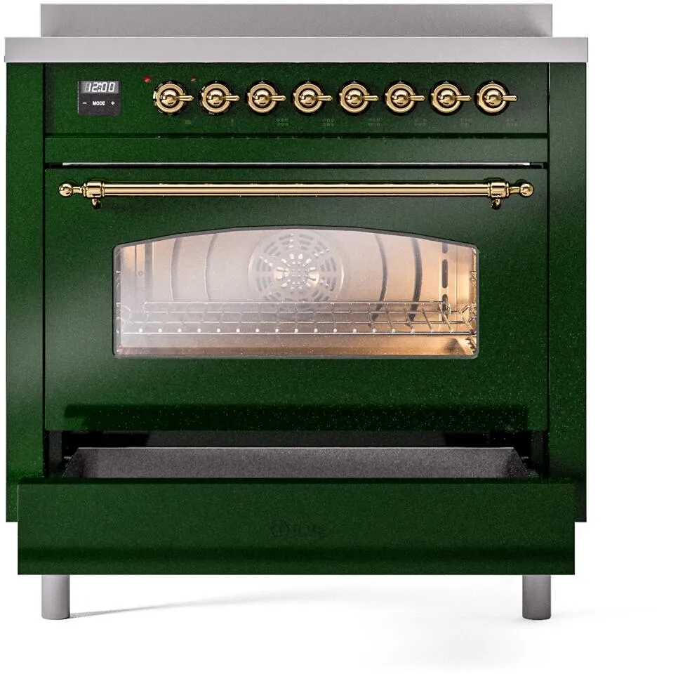 Ilve UPI366NMPEGG Nostalgie Ii 36 Inch Electric Freestanding Range In Emerald Green With Brass Trim