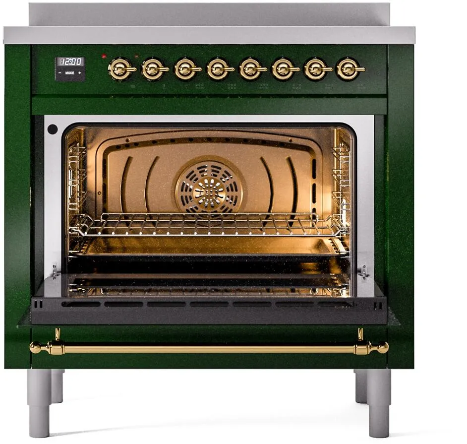 Ilve UPI366NMPEGG Nostalgie Ii 36 Inch Electric Freestanding Range In Emerald Green With Brass Trim