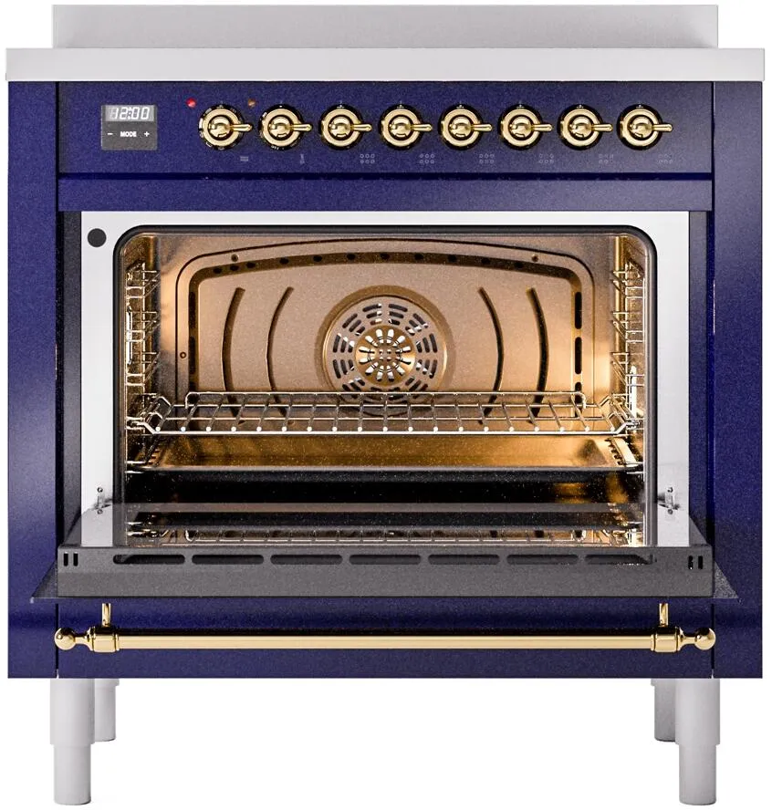 Ilve UPI366NMPMBG Nostalgie Ii 36 Inch Electric Freestanding Range In Blue With Brass Trim