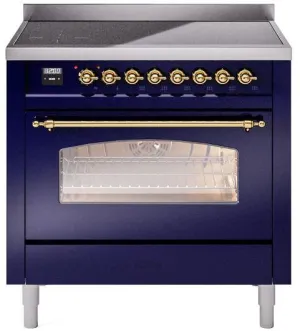 Ilve UPI366NMPMBG Nostalgie Ii 36 Inch Electric Freestanding Range In Blue With Brass Trim