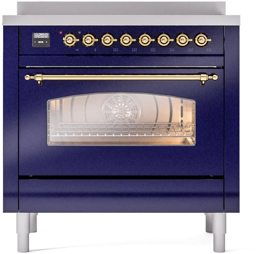 Ilve UPI366NMPMBG Nostalgie Ii 36 Inch Electric Freestanding Range In Blue With Brass Trim