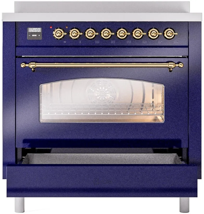 Ilve UPI366NMPMBG Nostalgie Ii 36 Inch Electric Freestanding Range In Blue With Brass Trim