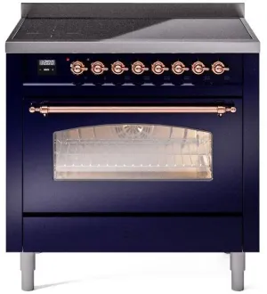 Ilve UPI366NMPMBP Nostalgie Ii 36 Inch Electric Freestanding Range In Blue With Copper Trim
