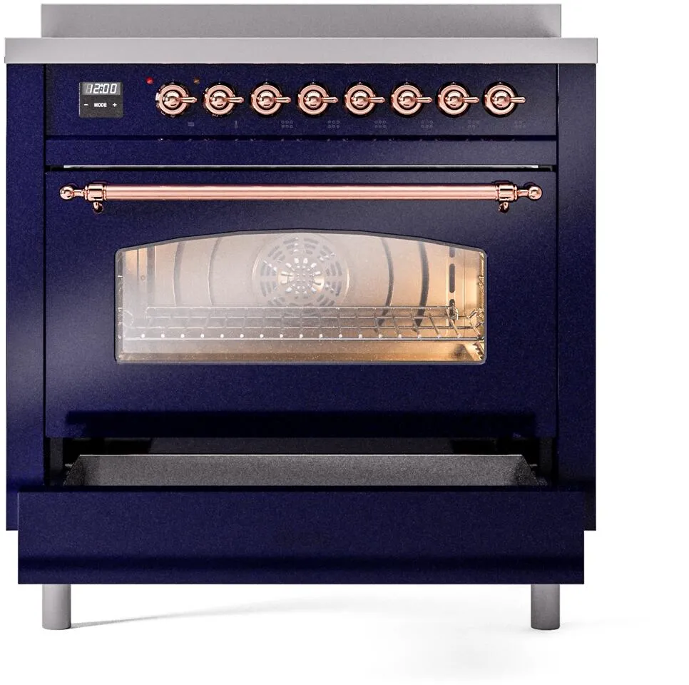 Ilve UPI366NMPMBP Nostalgie Ii 36 Inch Electric Freestanding Range In Blue With Copper Trim