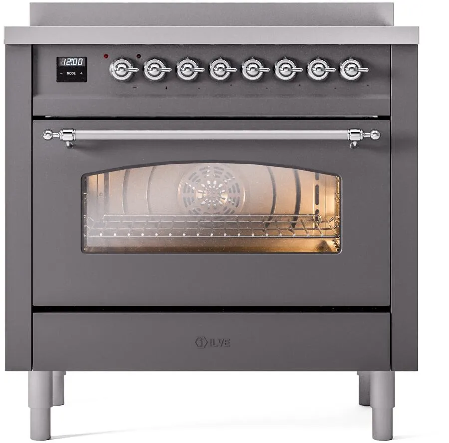 Ilve UPI366NMPMGC Nostalgie Ii 36 Inch Electric Freestanding Range In Matte Graphite With Chrome Trim