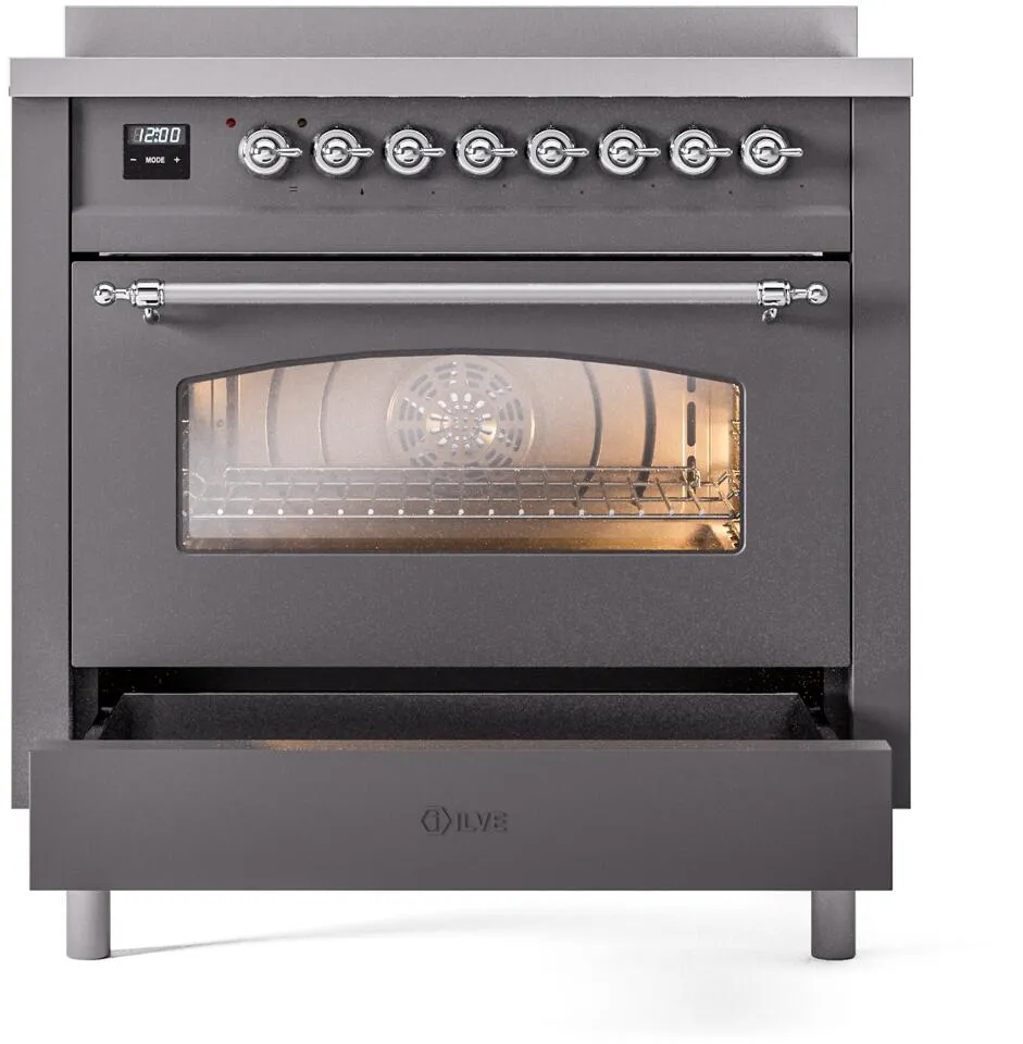 Ilve UPI366NMPMGC Nostalgie Ii 36 Inch Electric Freestanding Range In Matte Graphite With Chrome Trim