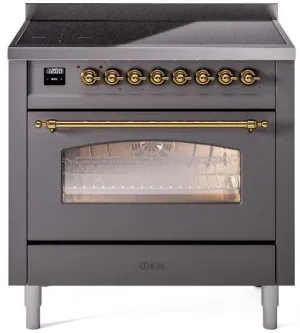 Ilve UPI366NMPMGG Nostalgie Ii 36 Inch Electric Freestanding Range In Matte Graphite With Brass Trim