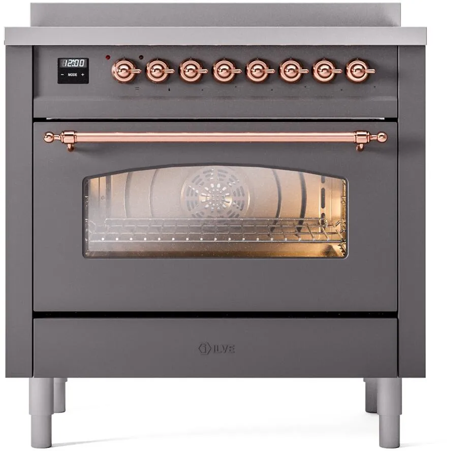 Ilve UPI366NMPMGP Nostalgie Ii 36 Inch Electric Freestanding Range In Matte Graphite With Copper Trim