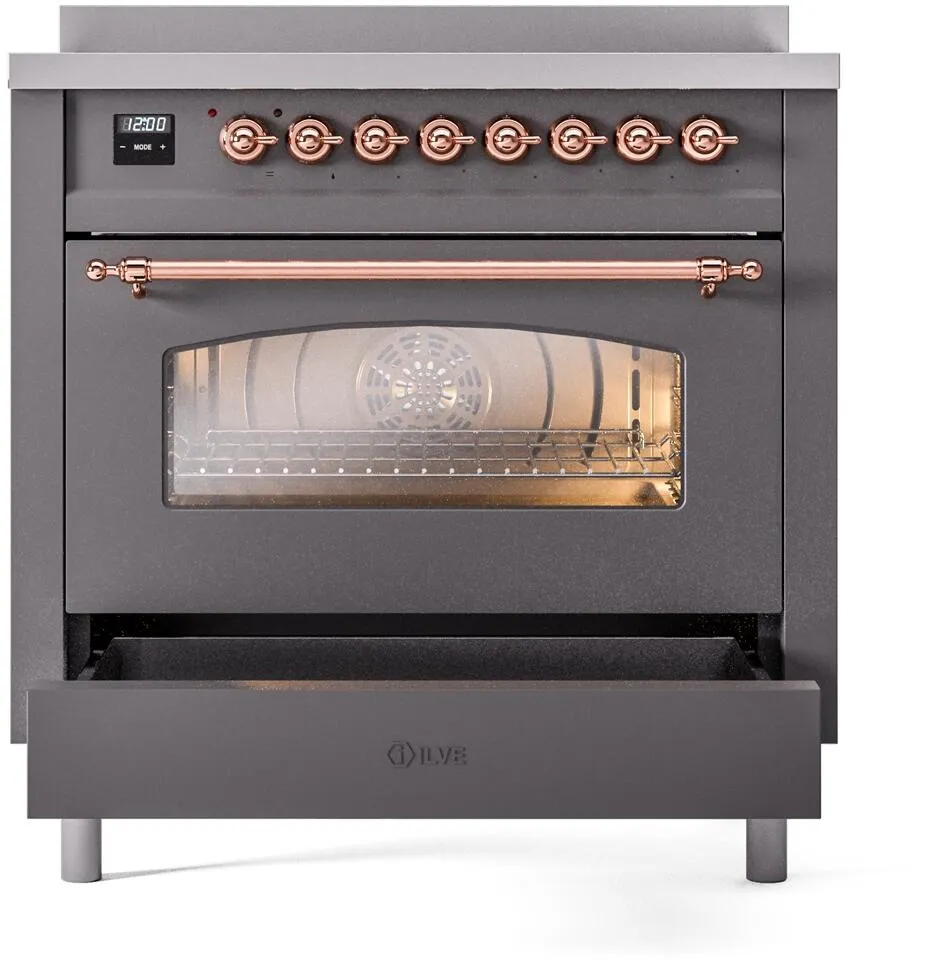 Ilve UPI366NMPMGP Nostalgie Ii 36 Inch Electric Freestanding Range In Matte Graphite With Copper Trim