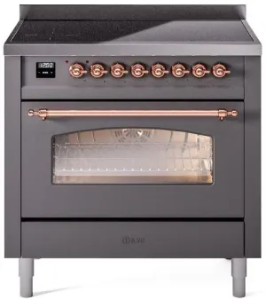 Ilve UPI366NMPMGP Nostalgie Ii 36 Inch Electric Freestanding Range In Matte Graphite With Copper Trim