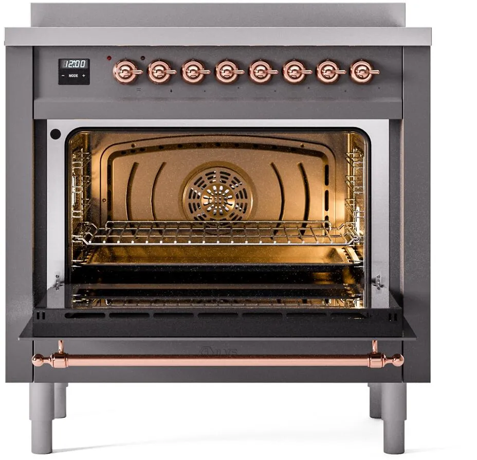 Ilve UPI366NMPMGP Nostalgie Ii 36 Inch Electric Freestanding Range In Matte Graphite With Copper Trim