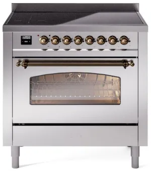 Ilve UPI366NMPSSB Nostalgie Ii 36 Inch Electric Freestanding Range In Stainless Steel With Bronze Trim