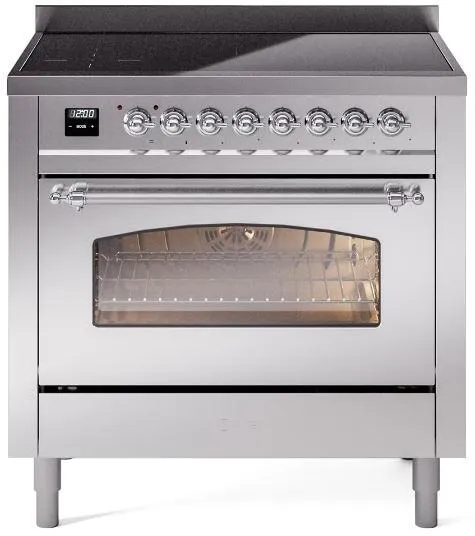 Ilve UPI366NMPSSC Nostalgie Ii 36 Inch Electric Freestanding Range In Stainless Steel With Chrome Trim