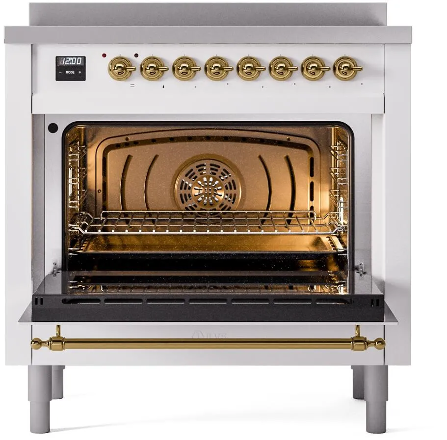 Ilve UPI366NMPWHG Nostalgie Ii 36 Inch Electric Freestanding Range In White With Brass Trim