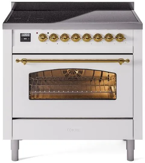 Ilve UPI366NMPWHG Nostalgie Ii 36 Inch Electric Freestanding Range In White With Brass Trim