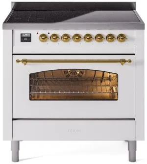 Ilve UPI366NMPWHG Nostalgie Ii 36 Inch Electric Freestanding Range In White With Brass Trim