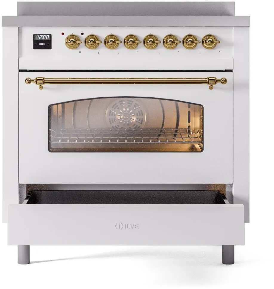 Ilve UPI366NMPWHG Nostalgie Ii 36 Inch Electric Freestanding Range In White With Brass Trim