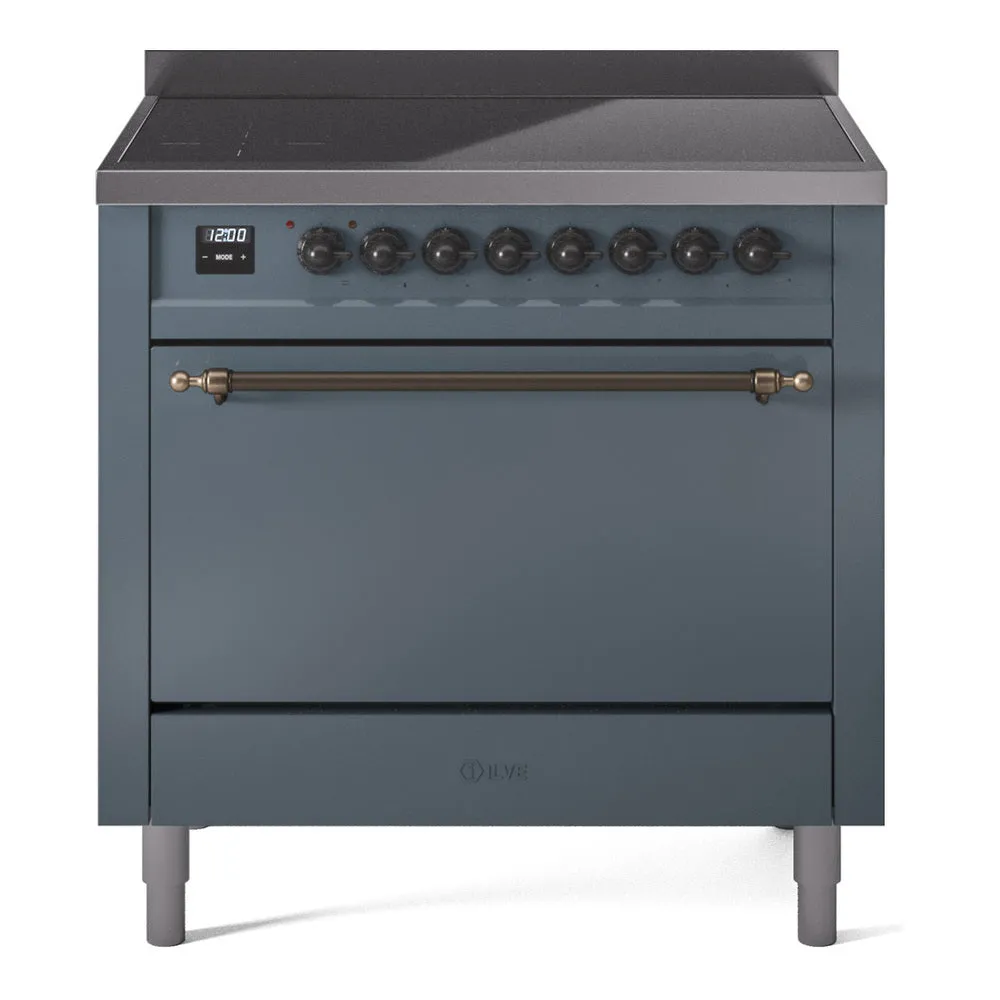 Ilve UPI366QNMPBGB Nostalgie Ii 36 Inch Electric Freestanding Range In Blue Grey With Bronze Trim