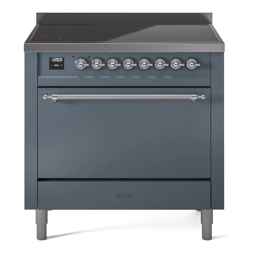 Ilve UPI366QNMPBGC Nostalgie Ii 36 Inch Electric Freestanding Range In Blue Grey With Chrome Trim
