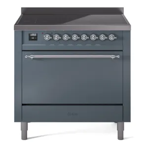 Ilve UPI366QNMPBGC Nostalgie Ii 36 Inch Electric Freestanding Range In Blue Grey With Chrome Trim