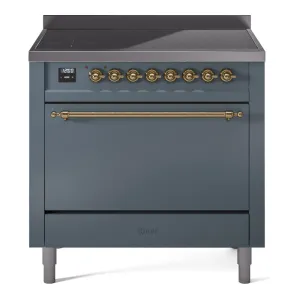 Ilve UPI366QNMPBGG Nostalgie Ii 36 Inch Electric Freestanding Range In Blue Grey With Brass Trim