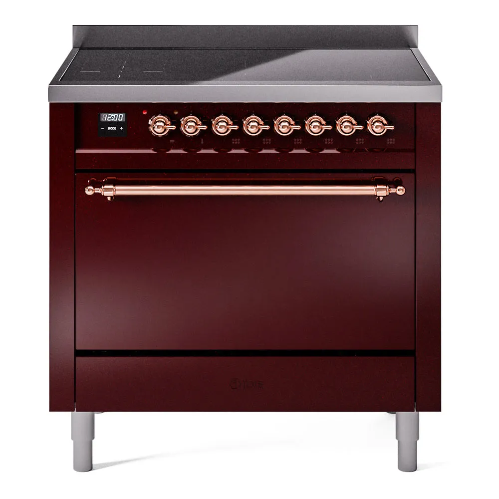 Ilve UPI366QNMPBUB Nostalgie Ii 36 Inch Electric Freestanding Range In Burgundy With Bronze Trim