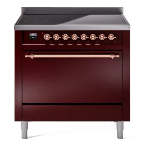 Ilve UPI366QNMPBUP Nostalgie Ii 36 Inch Electric Freestanding Range In Burgundy With Copper Trim