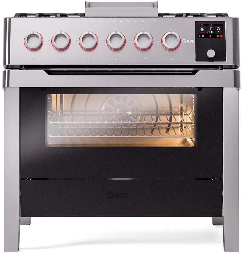 Ilve UPM09FDS3SS Panoramagic 36 Inch Dual Fuel Natural Gas Freestanding Range In Stainless Steel With Trim