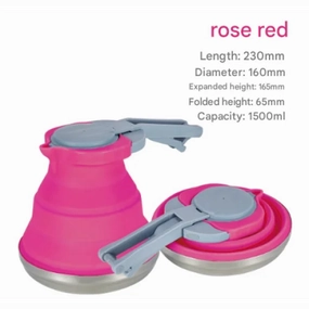 Save Big Today Rose Red 1.5L Collapsible Silicone Camping Kettle - Portable Foldable Travel Water Boiler, Stainless Steel Base